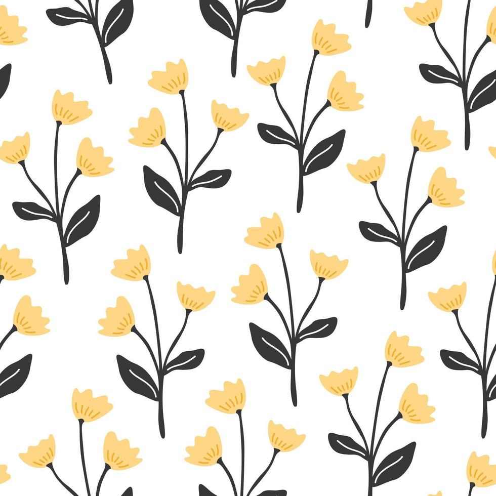 patrón impecable con flores de primavera amarillas sobre un fondo blanco. estampado floral para ropa infantil o papel pintado al estilo bohemio y retro. vector