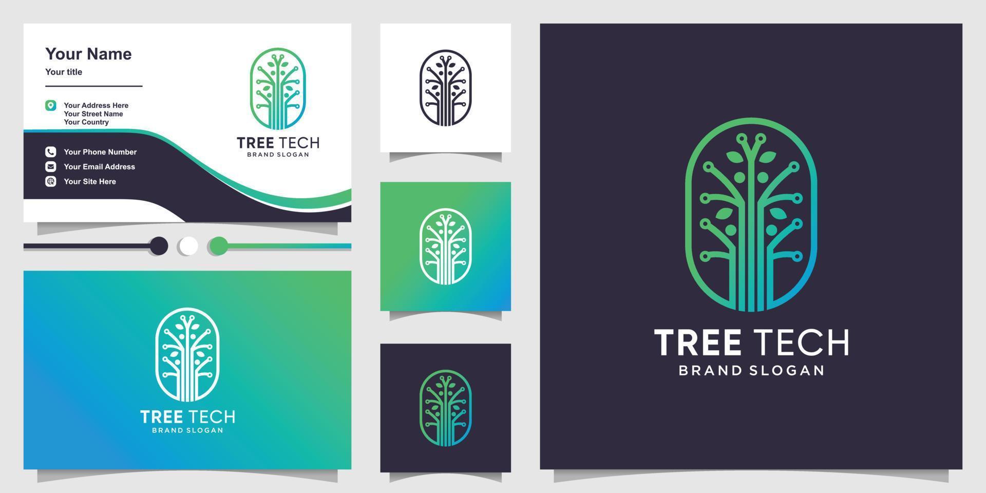 Tree tech logo template with creative concept and business card design Premium Vector