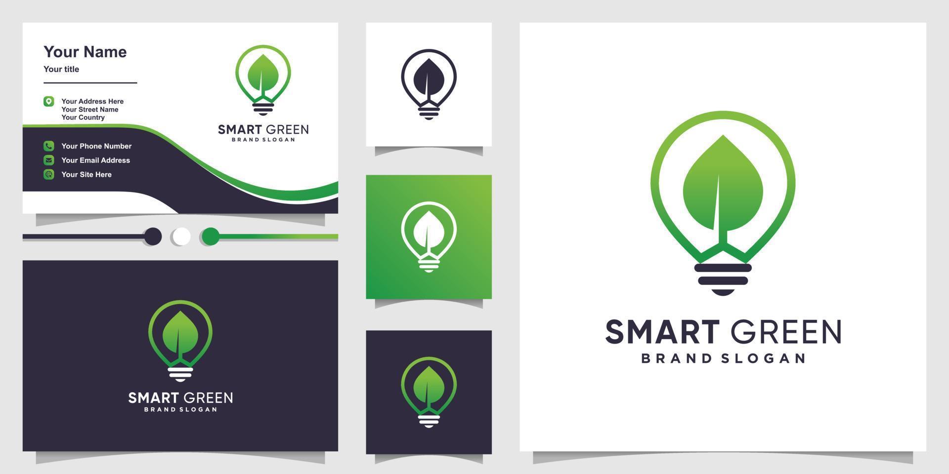 Smart green logo template and business card with bulb concept Premium Vector