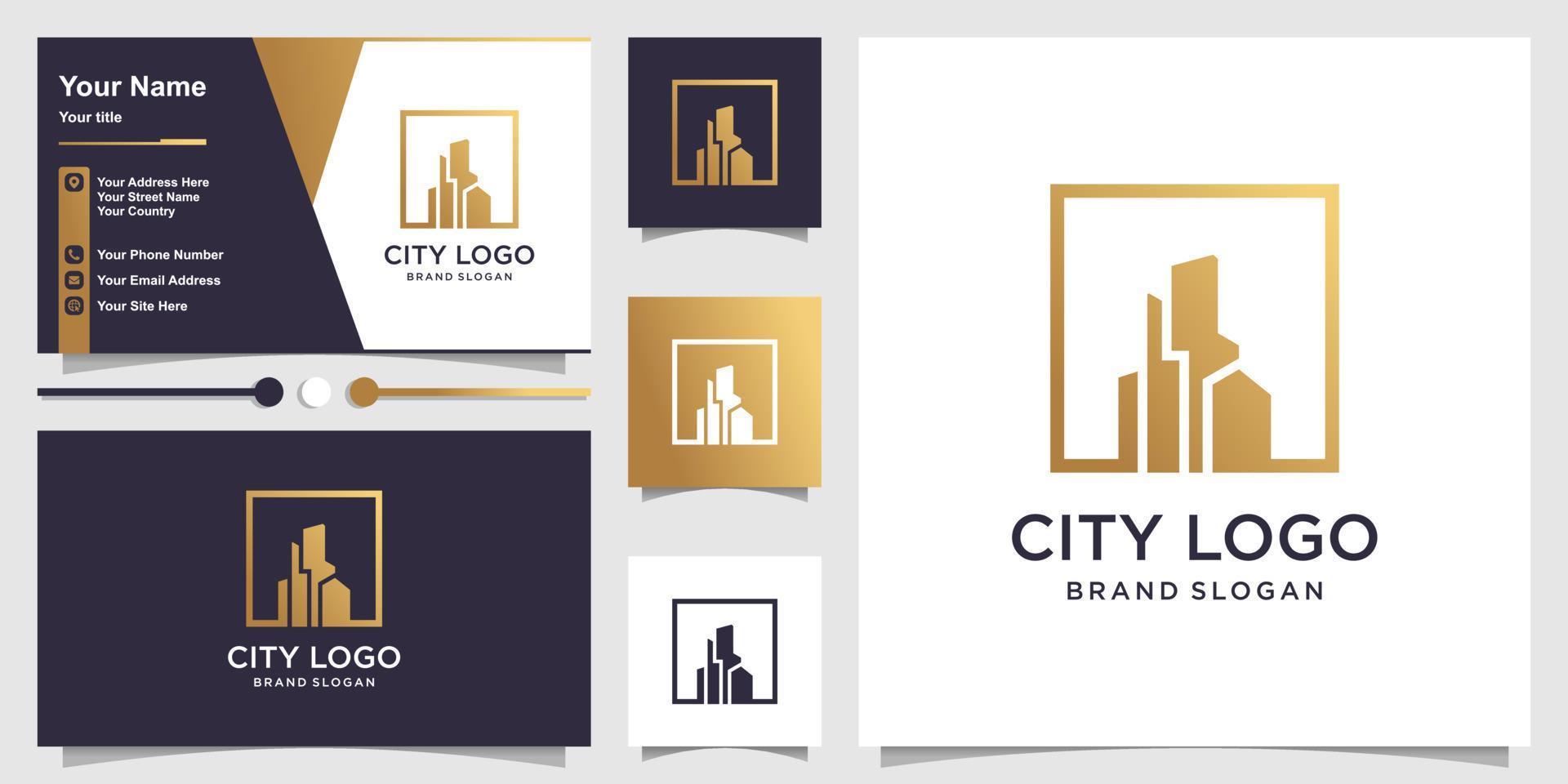 logotipo de la ciudad con concepto dorado y diseño de tarjeta de visita vector premium