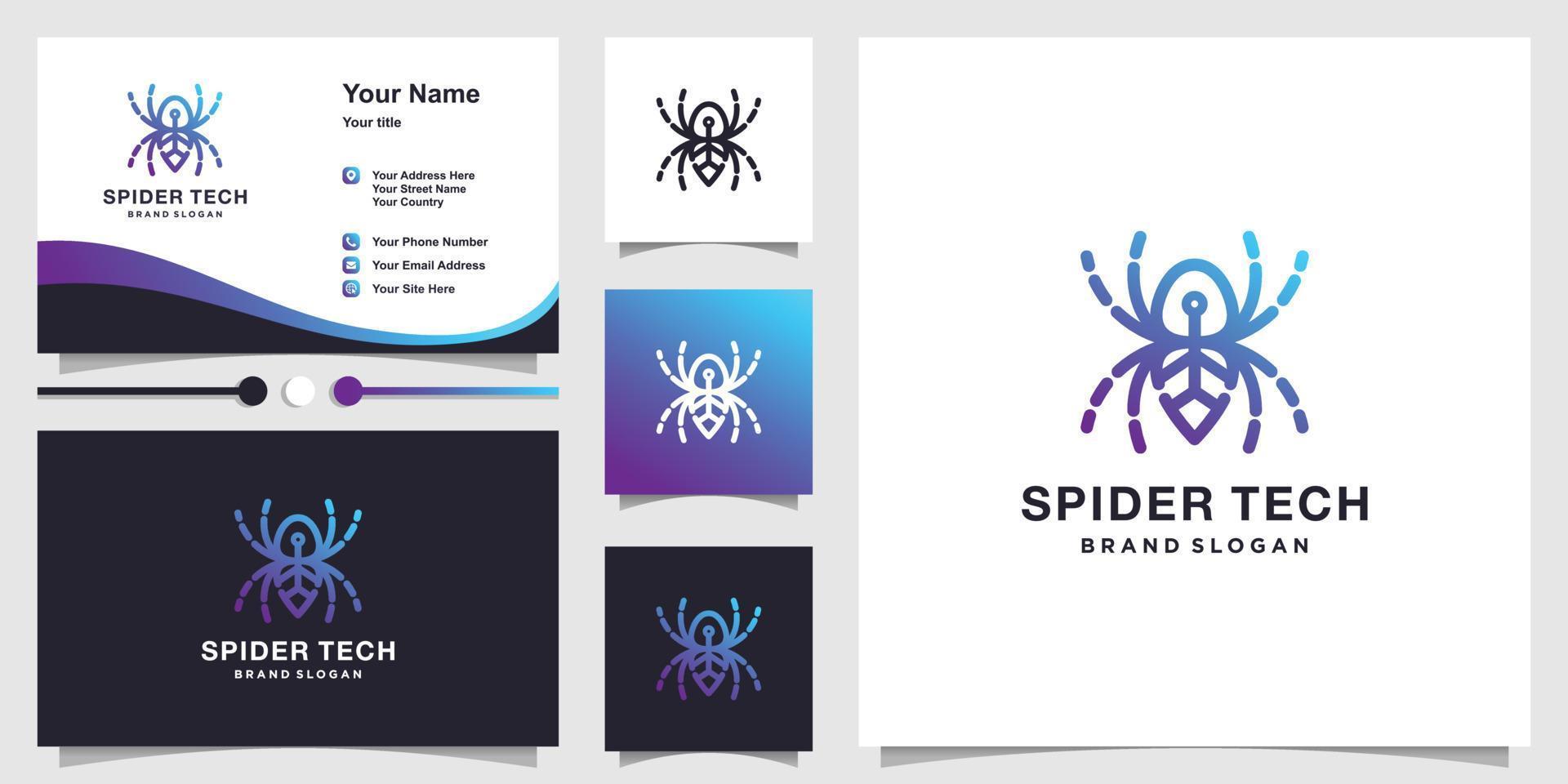 Spider tech logo with creative line art concept and business card design Premium Vector