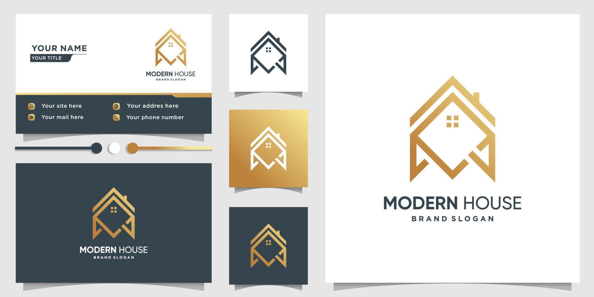 Modern house logo with line art style and business card design Premium Vector