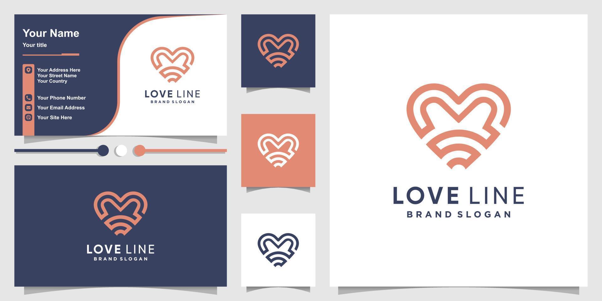 Heart logo with unique stripes concept and business card design Premium Vector