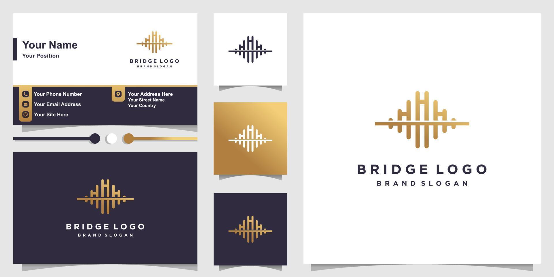 Bridge logo with creative golden concept and business card design Premium Vector