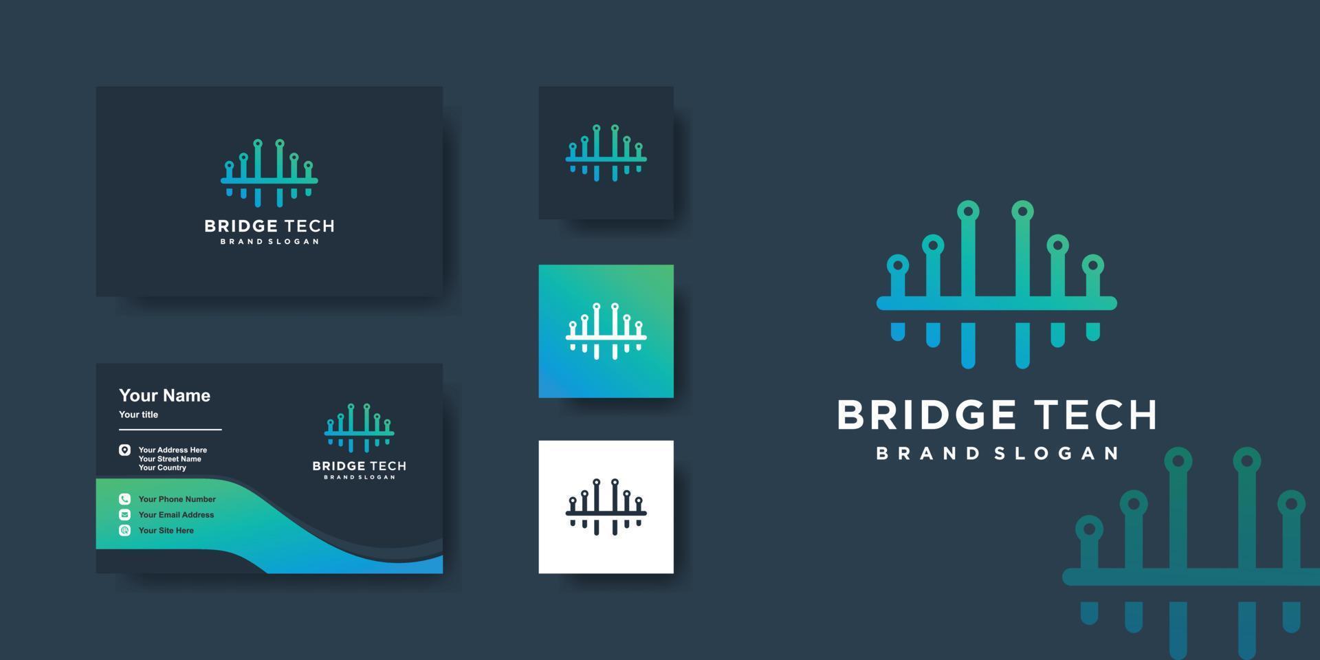 Bridge logo with technology concept and business card design, creative, computer, Premium Vector