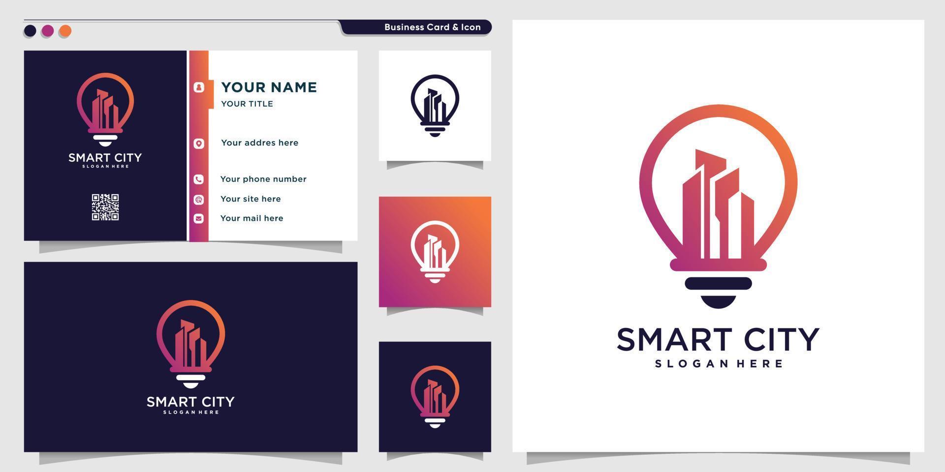 Smart city logo template with light bulb concept and business card design Premium Vector