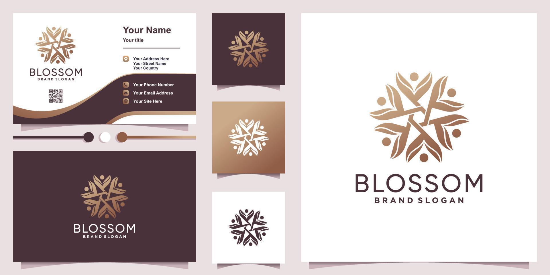 Blossom logo with modern abstract concept and business card design Premium Vector