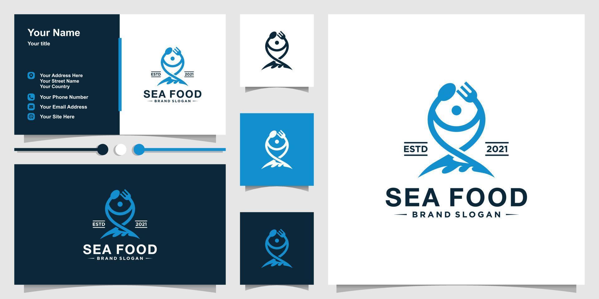 plantilla de logotipo de comida de mar con cucharas y tenedores para formar pescado y diseño de tarjeta de visita vector premium