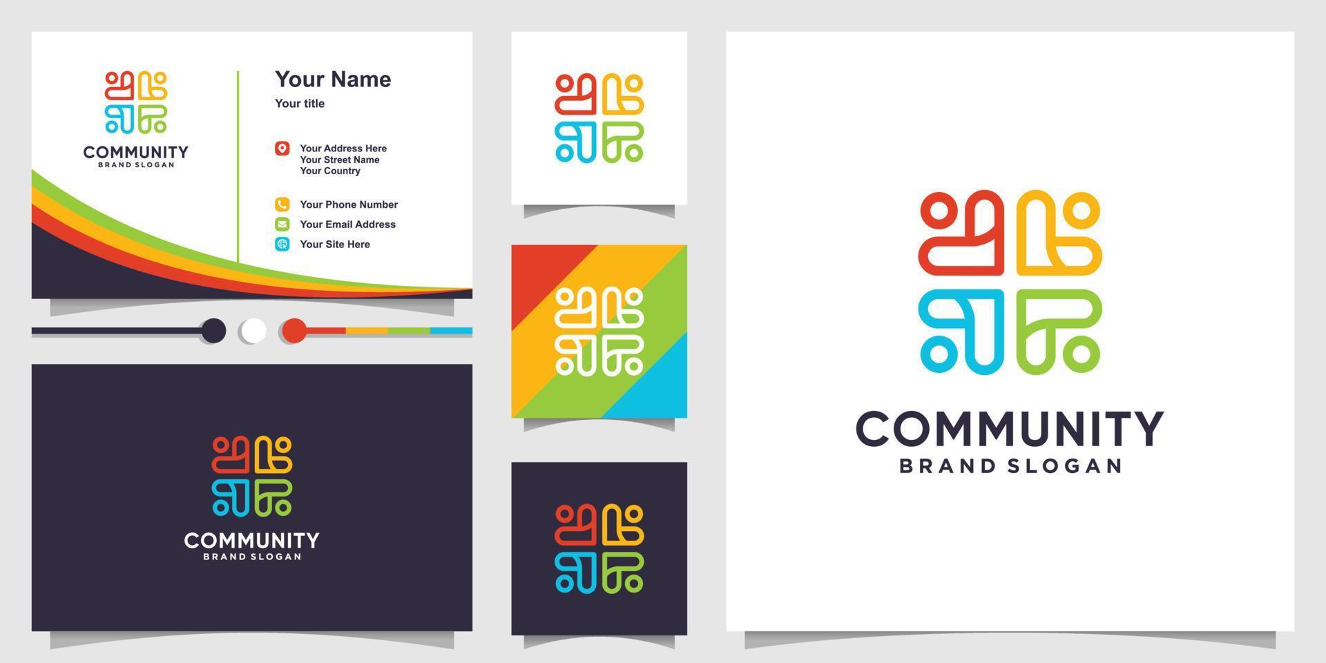 Community logo template with abstract line art concept and business card design Premium Vector