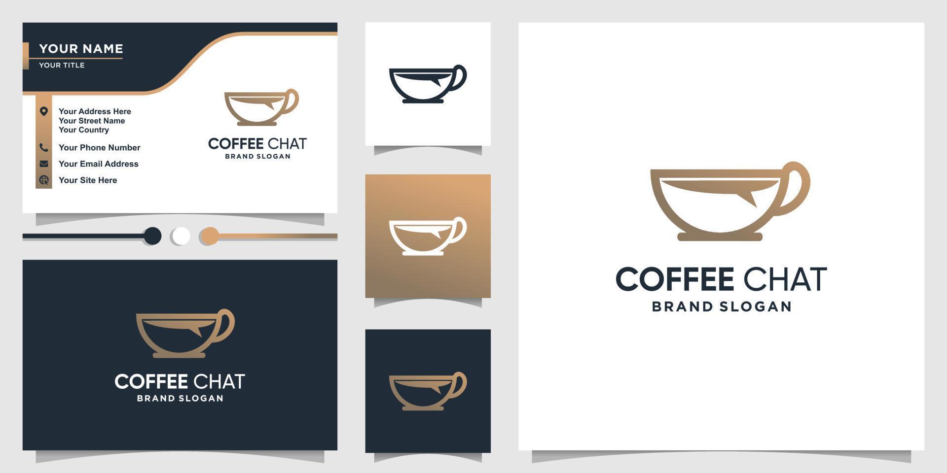 plantilla de logotipo de café con concepto de chat y vector premium de diseño de tarjeta de visita