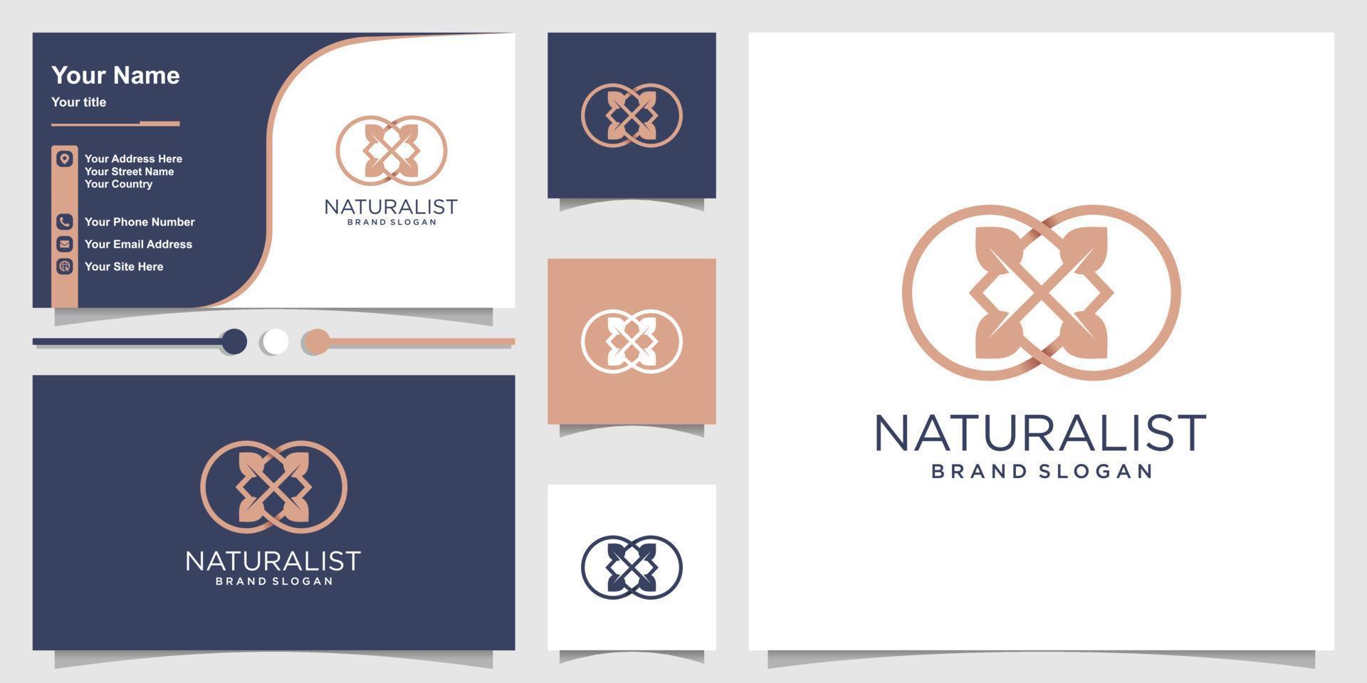 naturalist flower logo with line art style and business card design Premium Vector