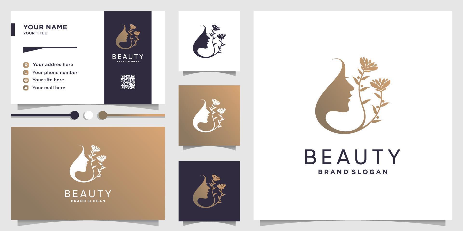 Beauty woman logo with flower concept and business card design Premium Vector