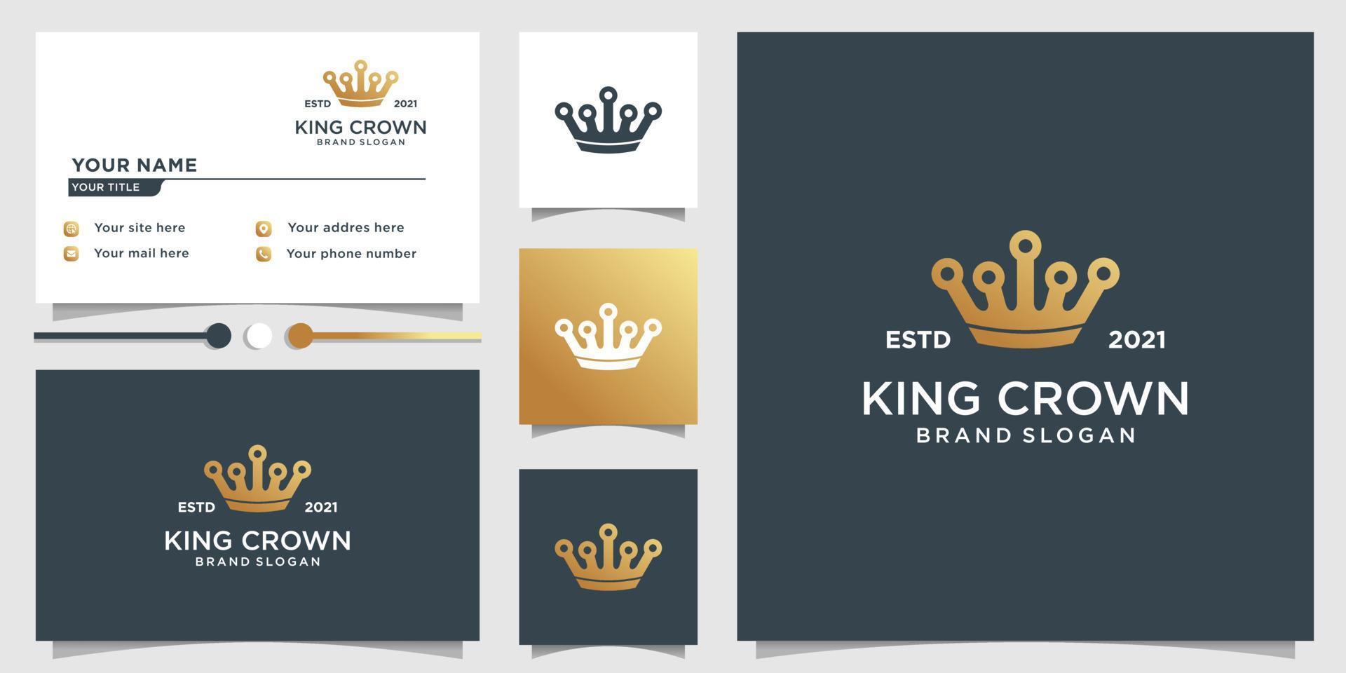 King crown logo template with unique golden style and business card design Premium Vector