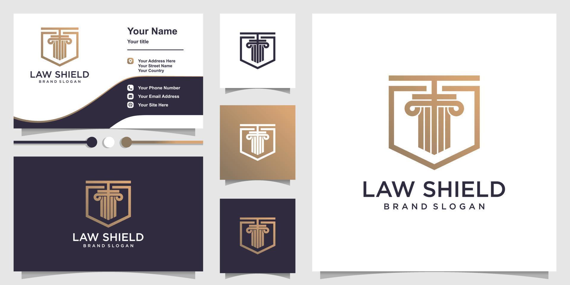 Law logo template with line art shield concept and business card design Premium Vector