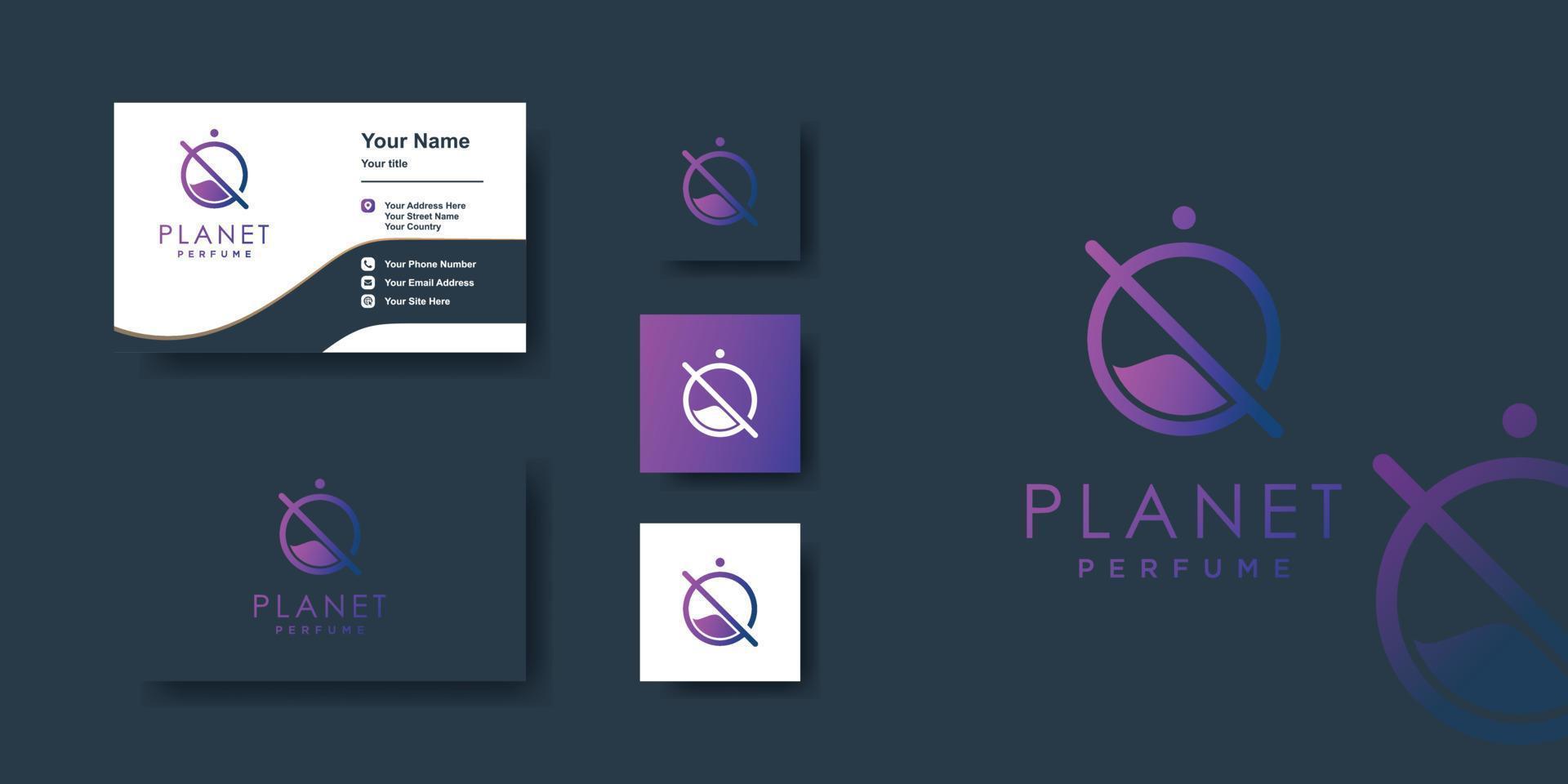 plantilla de logotipo de perfume planeta con concepto único y diseño de tarjeta de visita premium vector