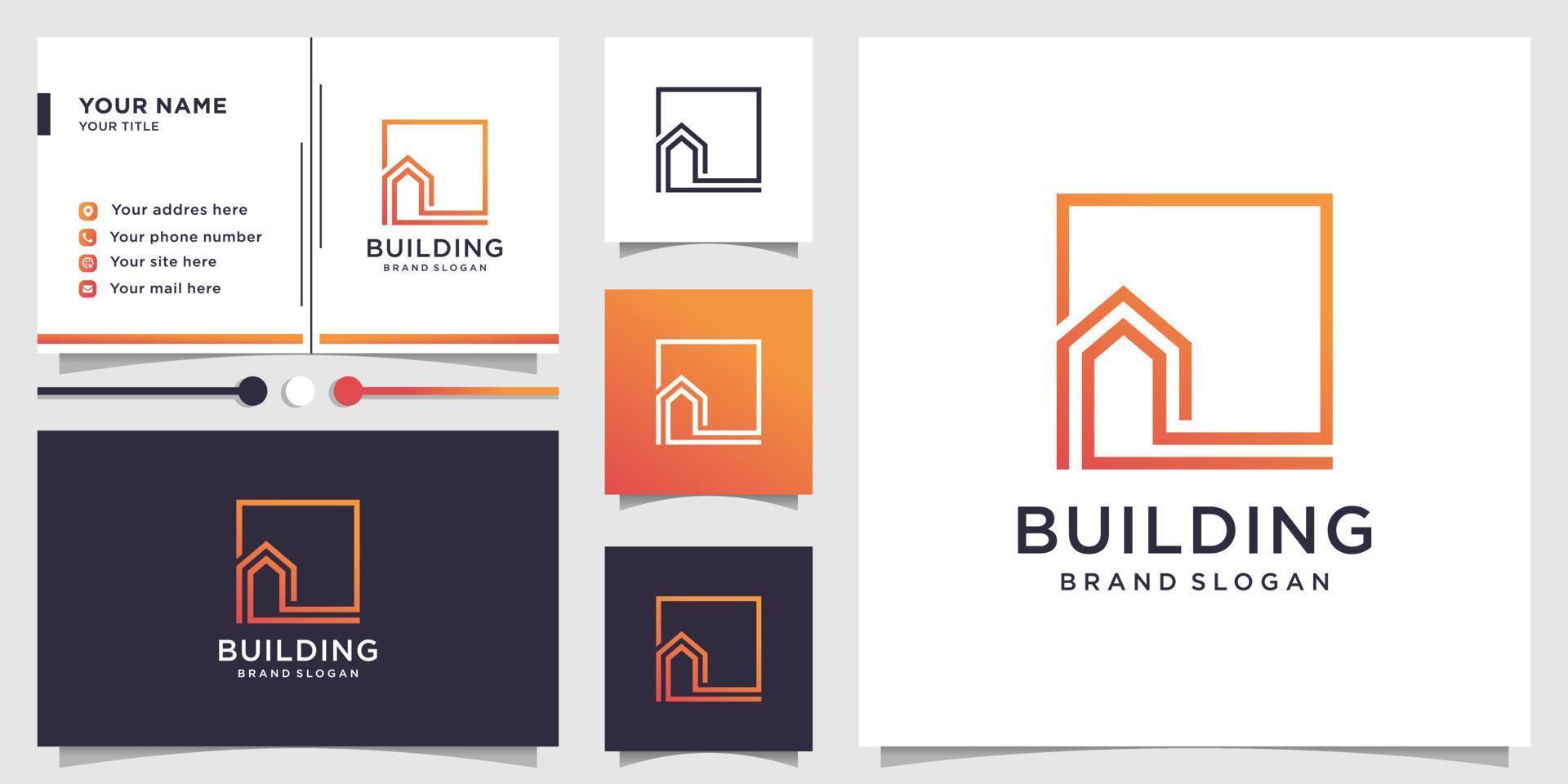 Building logo template and business card design with line art concept Premium Vector
