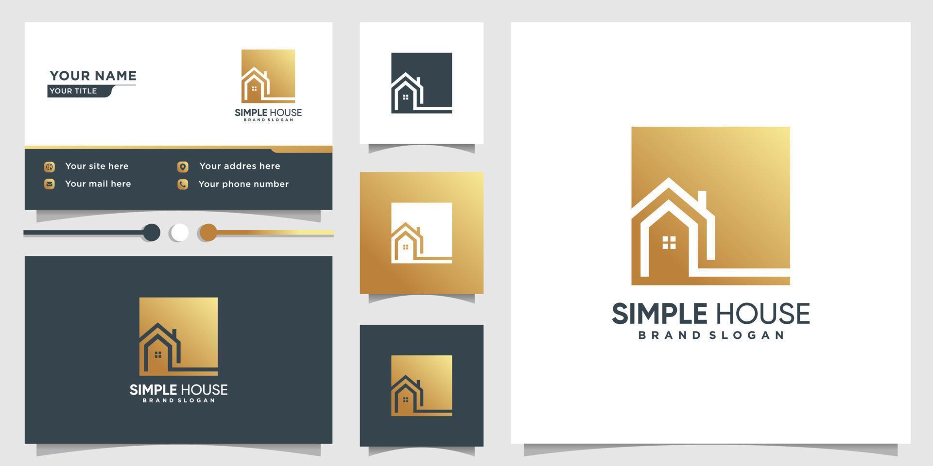 plantilla de logotipo de casa simple y diseño de tarjeta de visita con vector premium de concepto de arte de línea dorada