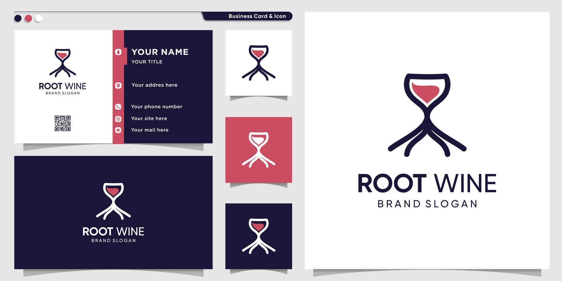 plantilla de logotipo de vino con concepto de raíz creativa y vector premium de diseño de tarjeta de visita