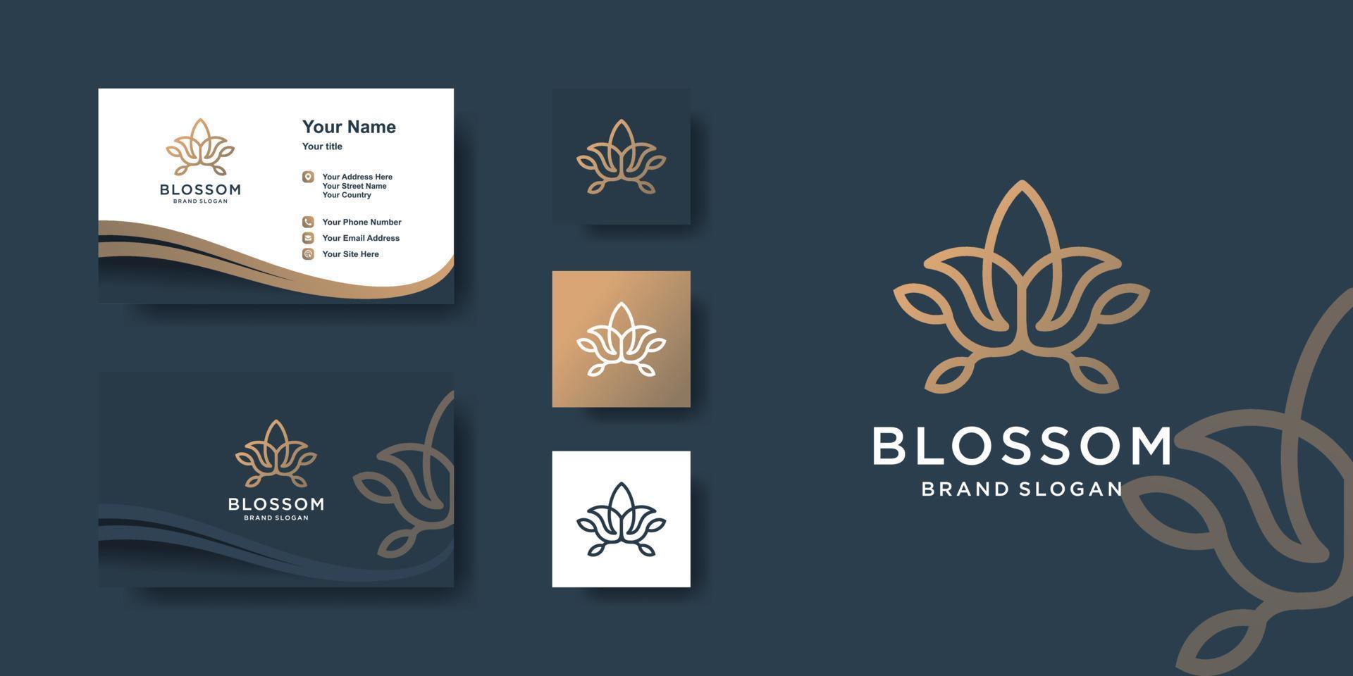 Blossom logo with creative line art concept and business card design Premium Vector