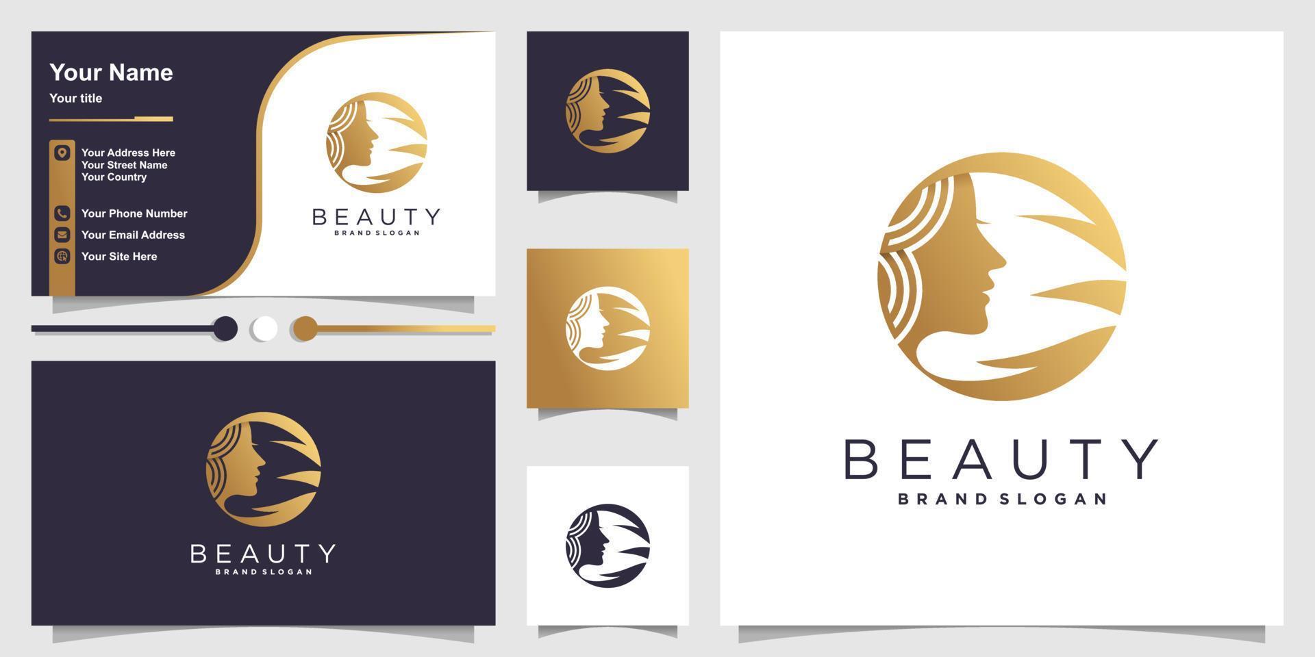 logotipo de mujer con concepto de belleza dorada y vector premium de plantilla de tarjeta de visita