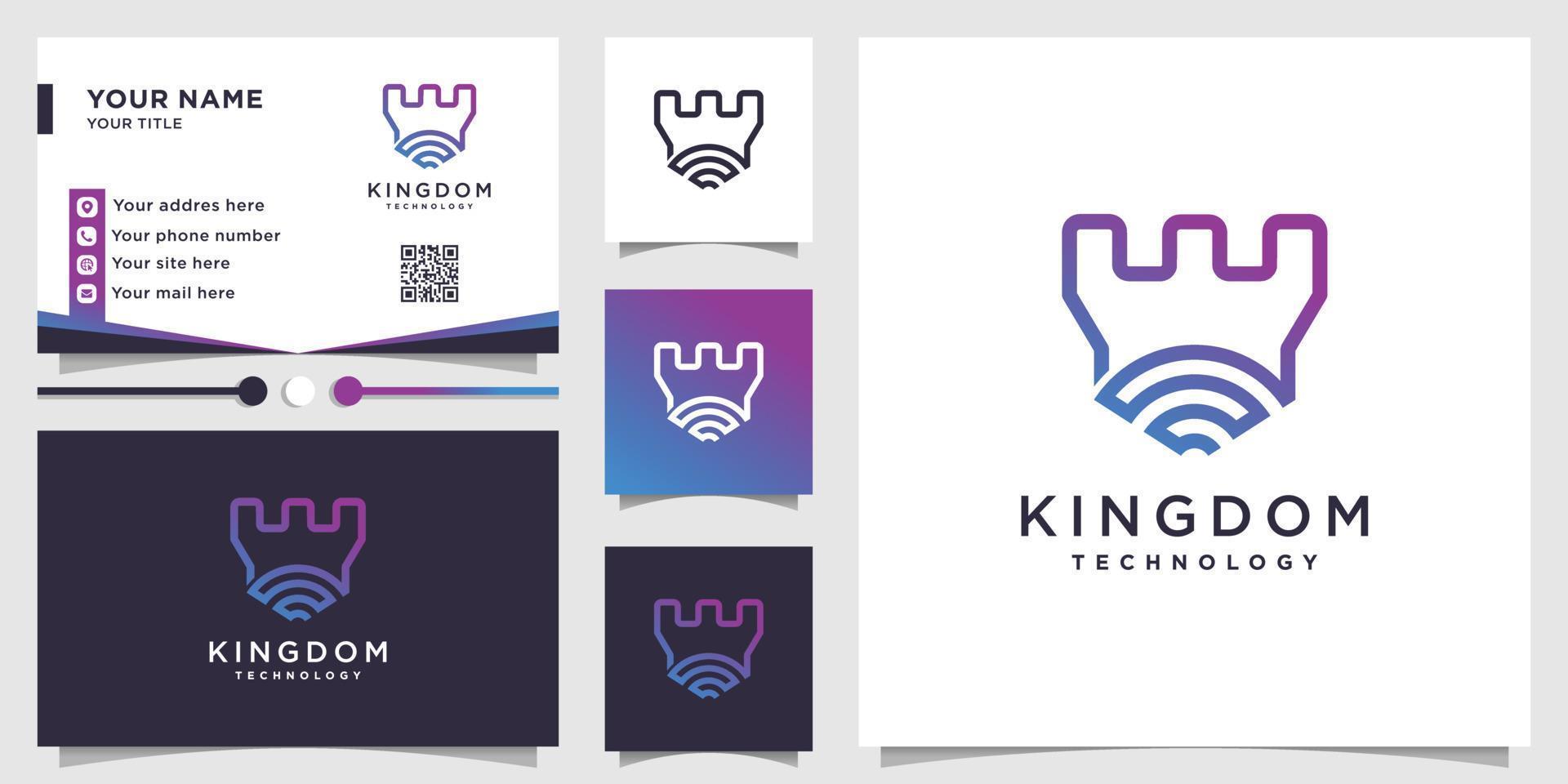 Castle logo template and business card with line art technology concept Premium Vector