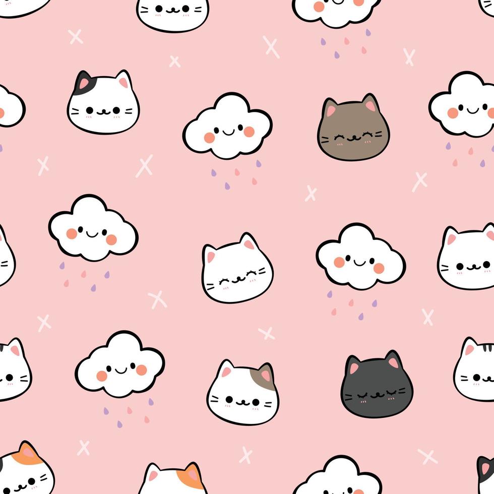 Seamless pattern with cute hand drawn cat and cloud cartoon on pink background vector illustration