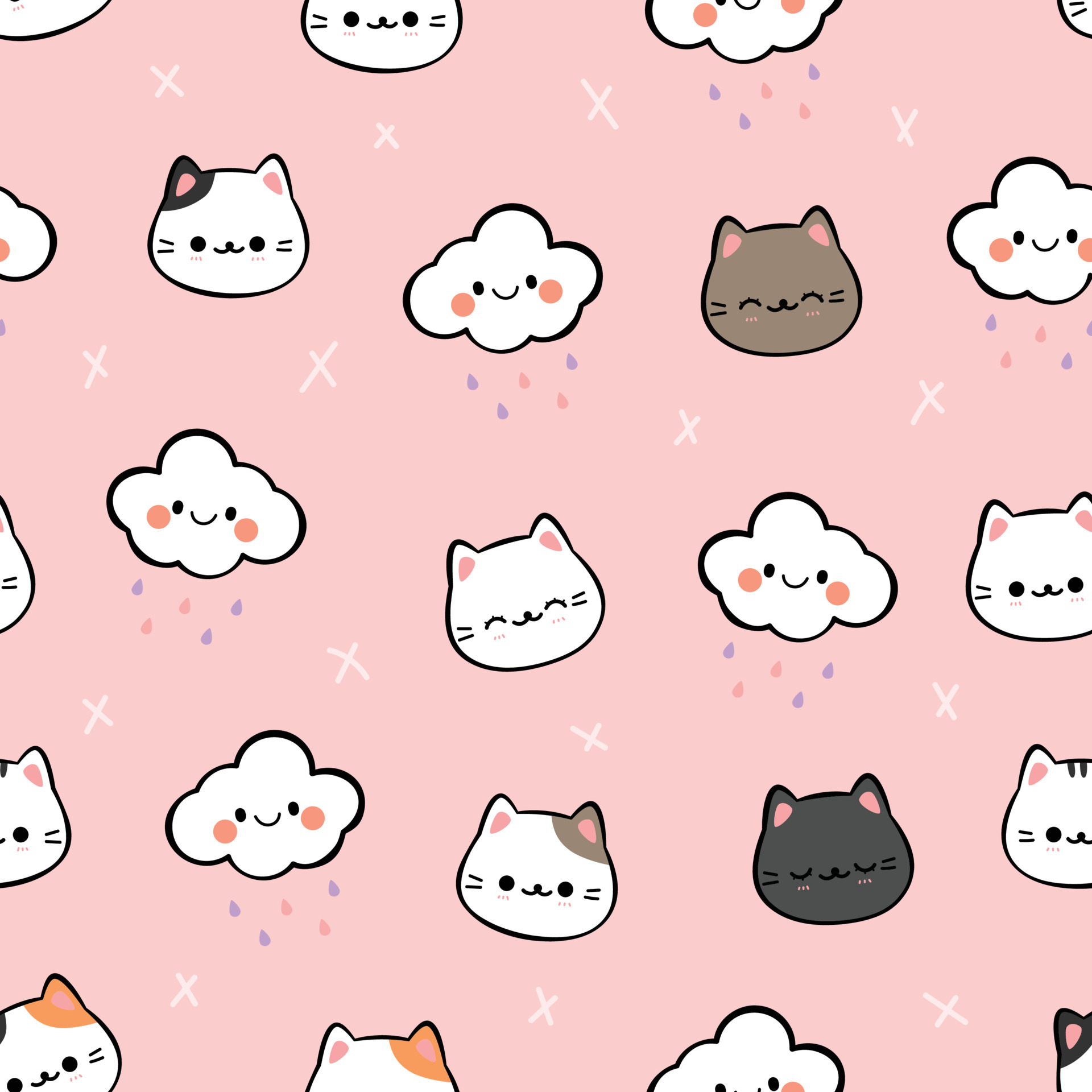 Seamless pattern with cute hand drawn cat and cloud cartoon on pink