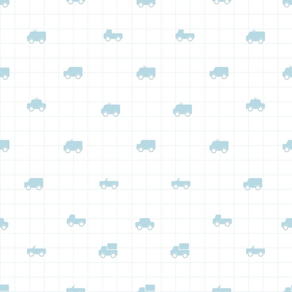 Seamless pattern with cute hand drawn pastel toy cars cartoon on white background with grid vector illustration