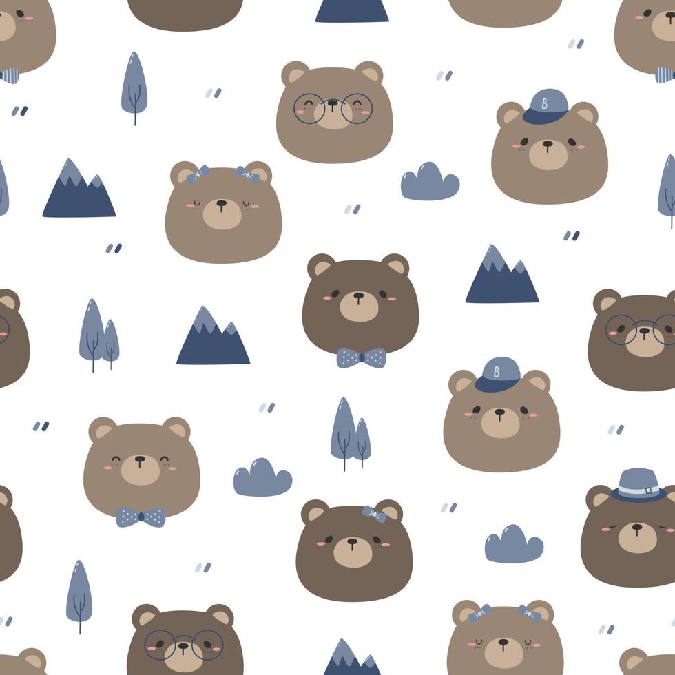 Seamless pattern with cute bear face with mountain and tree cartoon flat design on white background vector