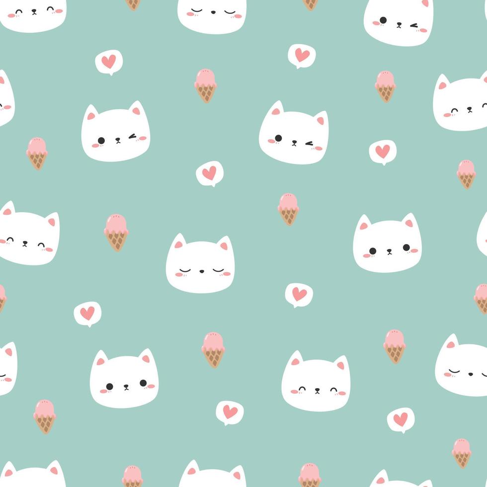 Seamless pattern with cute white cat face with ice cream cartoon flat design on green background vector