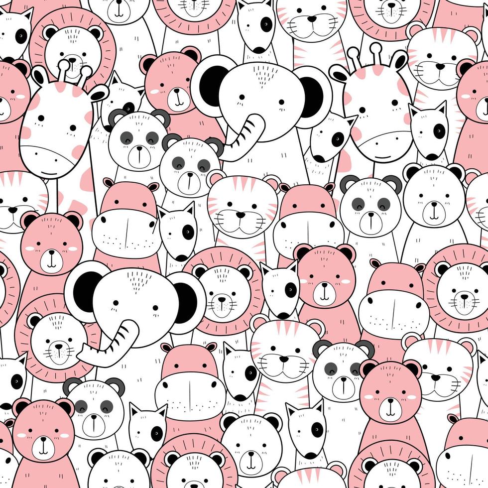 Seamless pattern with cute hand drawn wild animals cartoon in pink and white color vector illustration