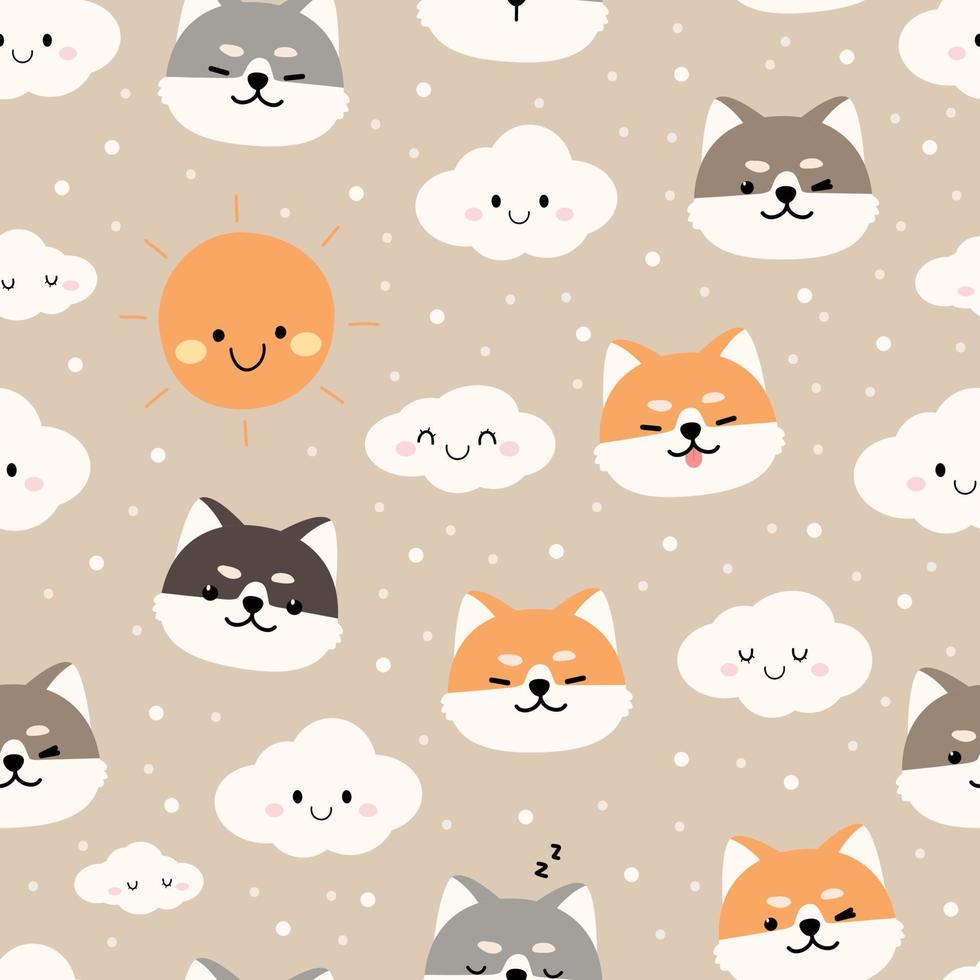 Seamless pattern with cute shiba inu puppy face and cloud cartoon flat design on brown background vector