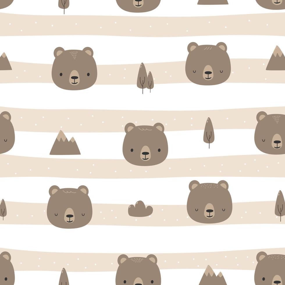 Seamless pattern with cute teddy bear face cartoon flat design on brown striped background vector