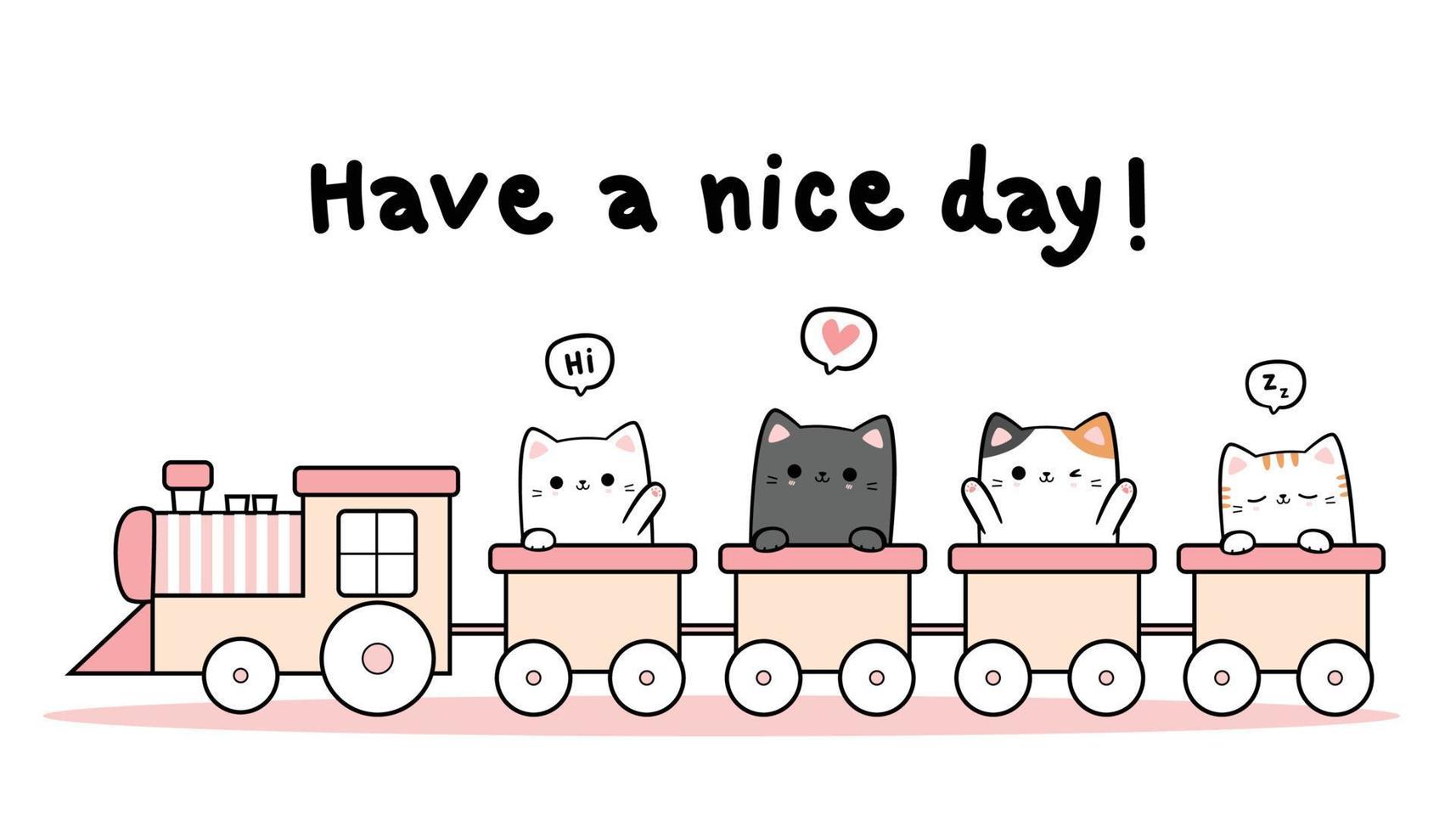 Cute cats riding a train and greeting on white background illustration vector