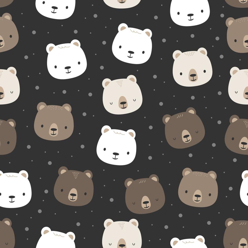 patrón sin costuras con lindo diseño plano de dibujos animados de cara de oso polar y oso de peluche sobre fondo negro vector