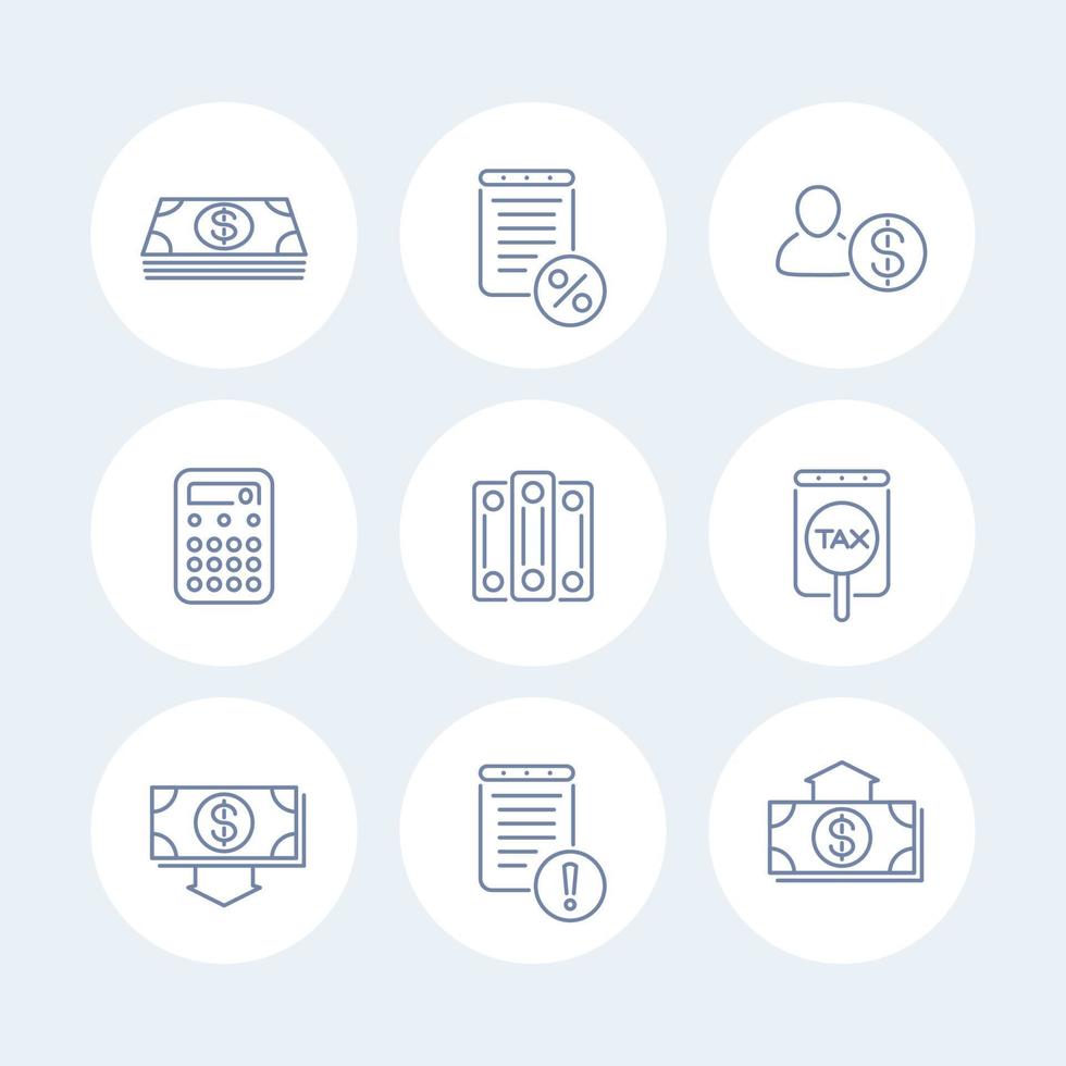 Bookkeeping line icons, finance, tax, accounting round isolated icons, vector illustration