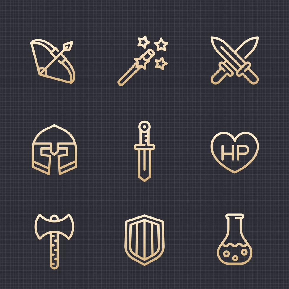 Game line icons set, RPG, fantasy items, swords, axe, magic wand, shield, bow, helmet, potion, vector illustration
