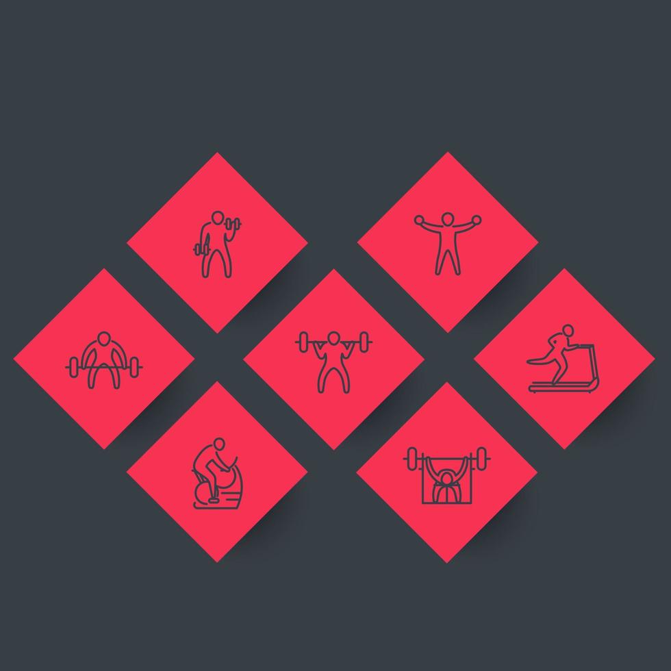 Gym, fitness exercises, training, linear icons, rhombic set in red and gray, vector illustration