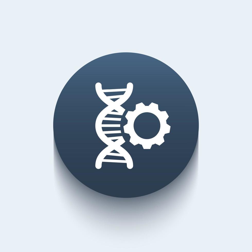 dna modification icon, sign with dna chain and gear, round icon, vector illustration