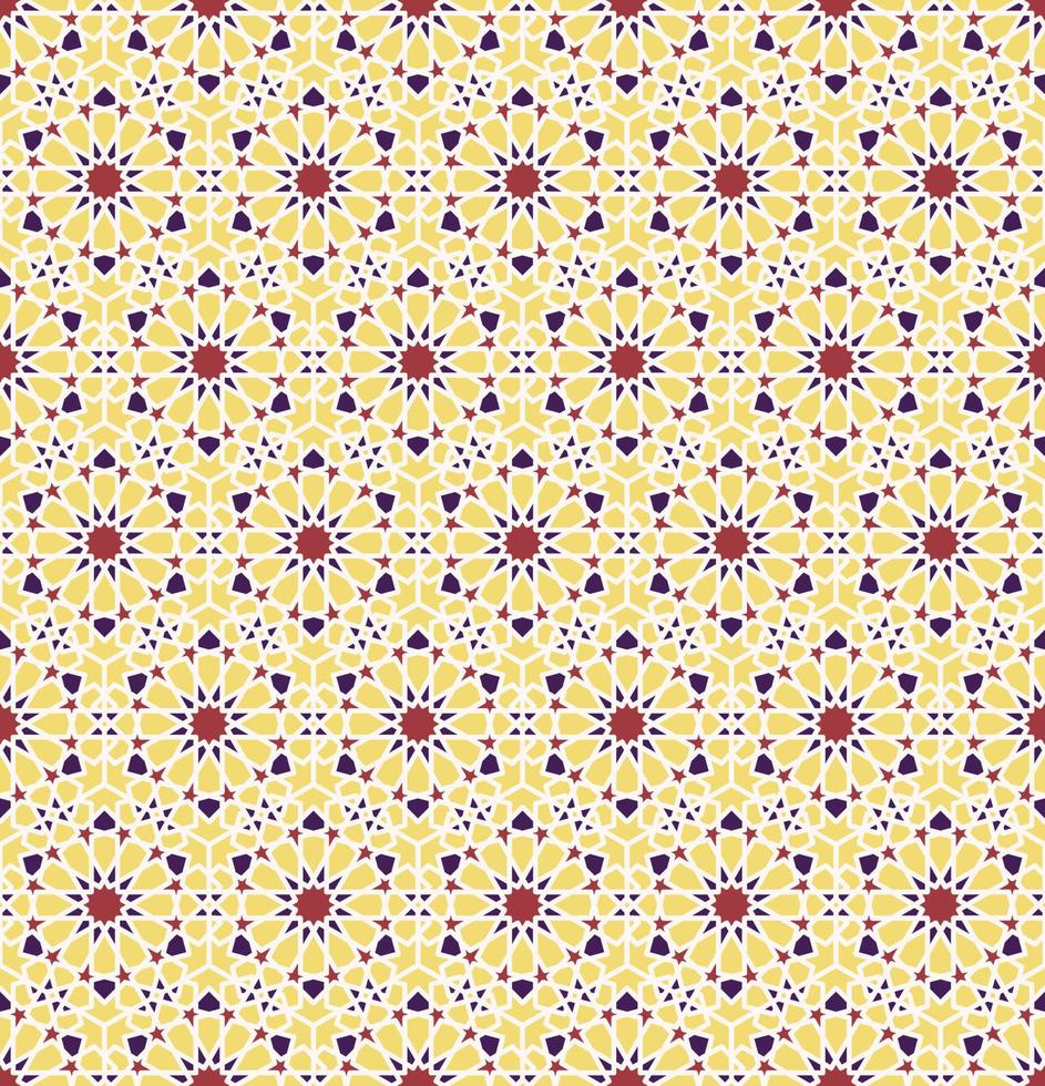 Geometric islamic or arabian star hexagon shape seamless pattern modern red - yellow - purple color background. Use for fabric, textile, interior decoration elements. vector