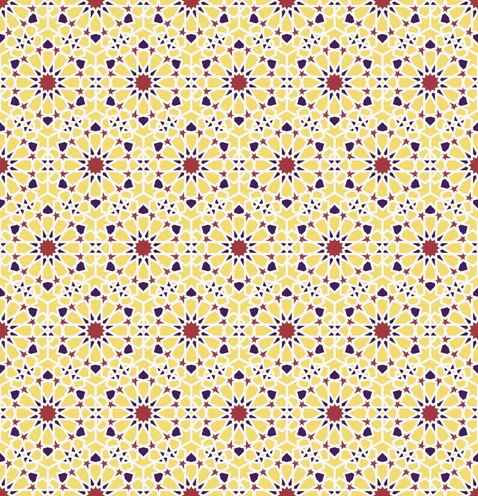 Geometric islamic or arabian star hexagon shape seamless pattern modern red - yellow - purple color background. Use for fabric, textile, interior decoration elements. vector