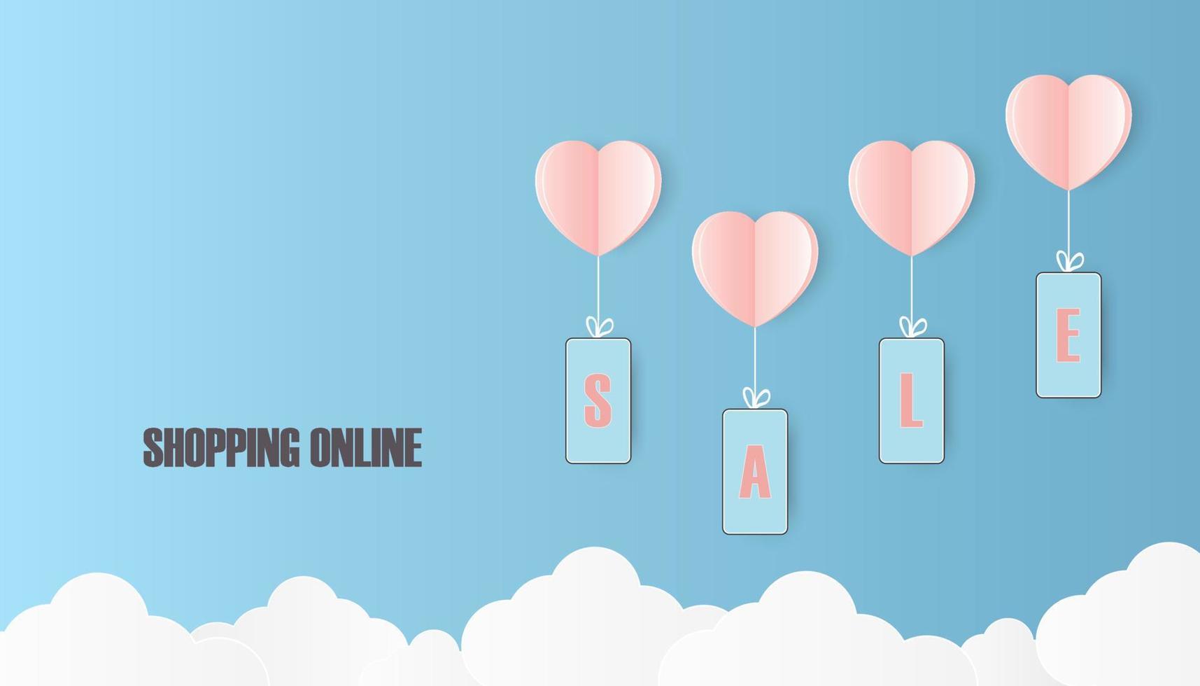 Smartphone floating with pink heart paper shape balloon and showing word SALE on blue sky color background. Love mobile shopping online concept. vector