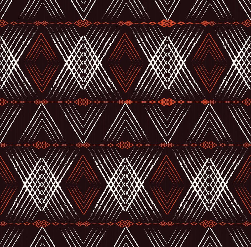 Ikat geometric traditional shape from lines texture with earth tone color seamless pattern background. vector