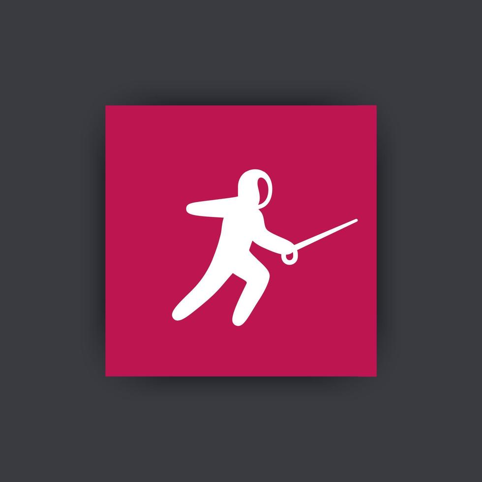 Fencing icon, attacking fencer with foil pictogram, flat square icon, vector illustration