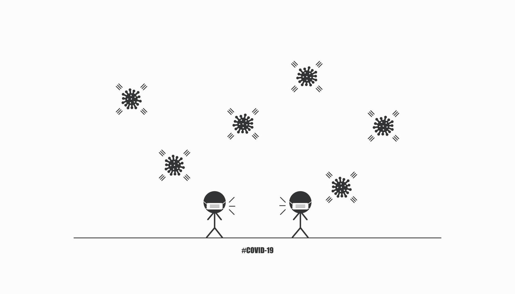 Minimal COVID-19 people wearing face mask outdoor and keep social distancing awareness concept with black and white color background. vector