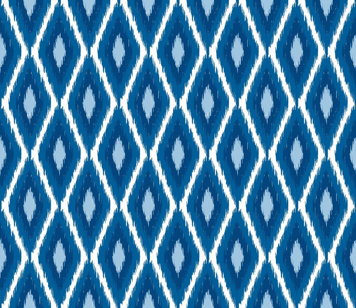 Simple ikat geometric shapes seamless pattern traditional style with blue color background. vector