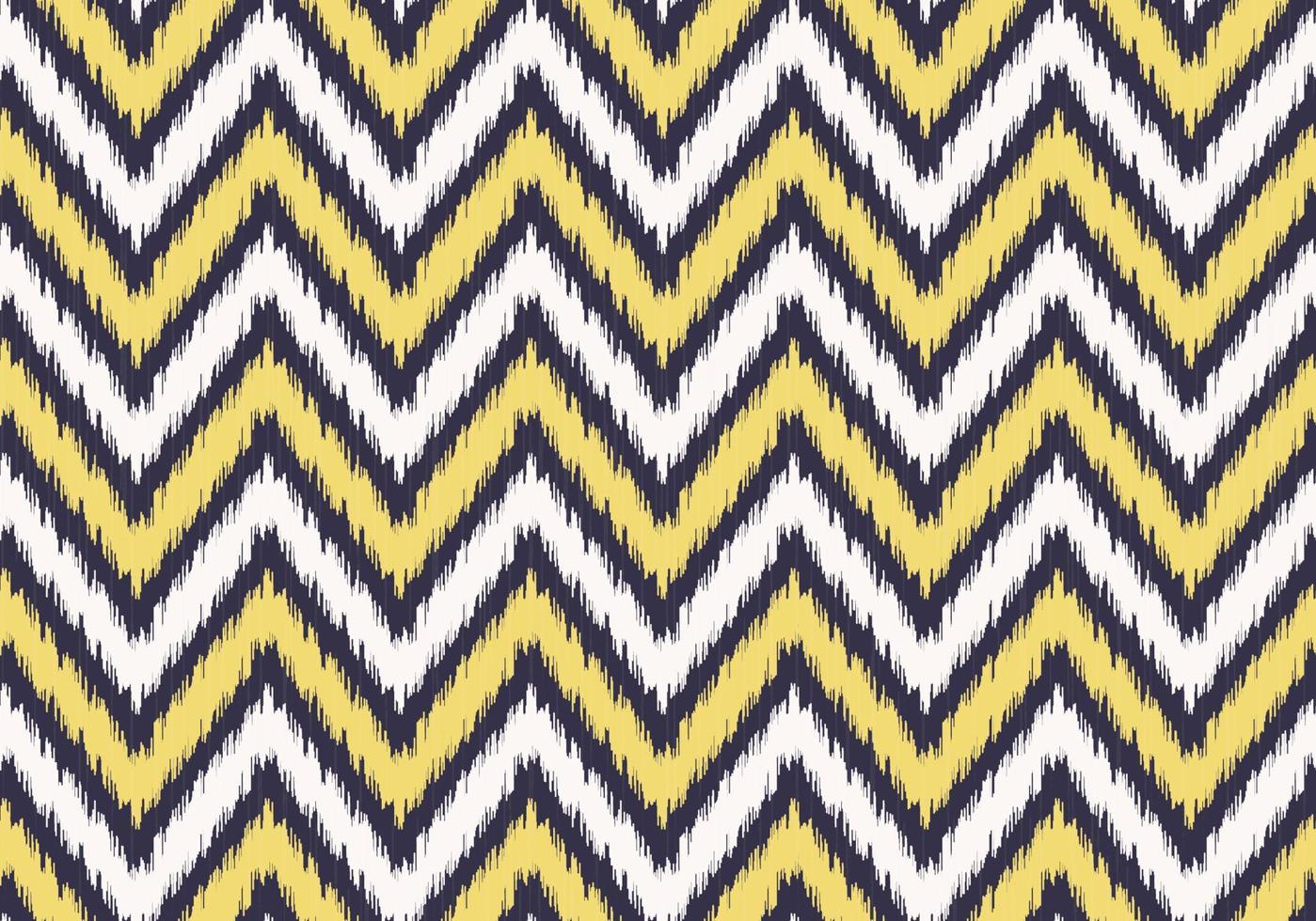 moderno ikat zig zag o forma geométrica de línea de chevron con fondo de patrón sin costuras de color amarillo dorado y borde púrpura. uso para telas, textiles, elementos de decoración de interiores, envoltura. vector