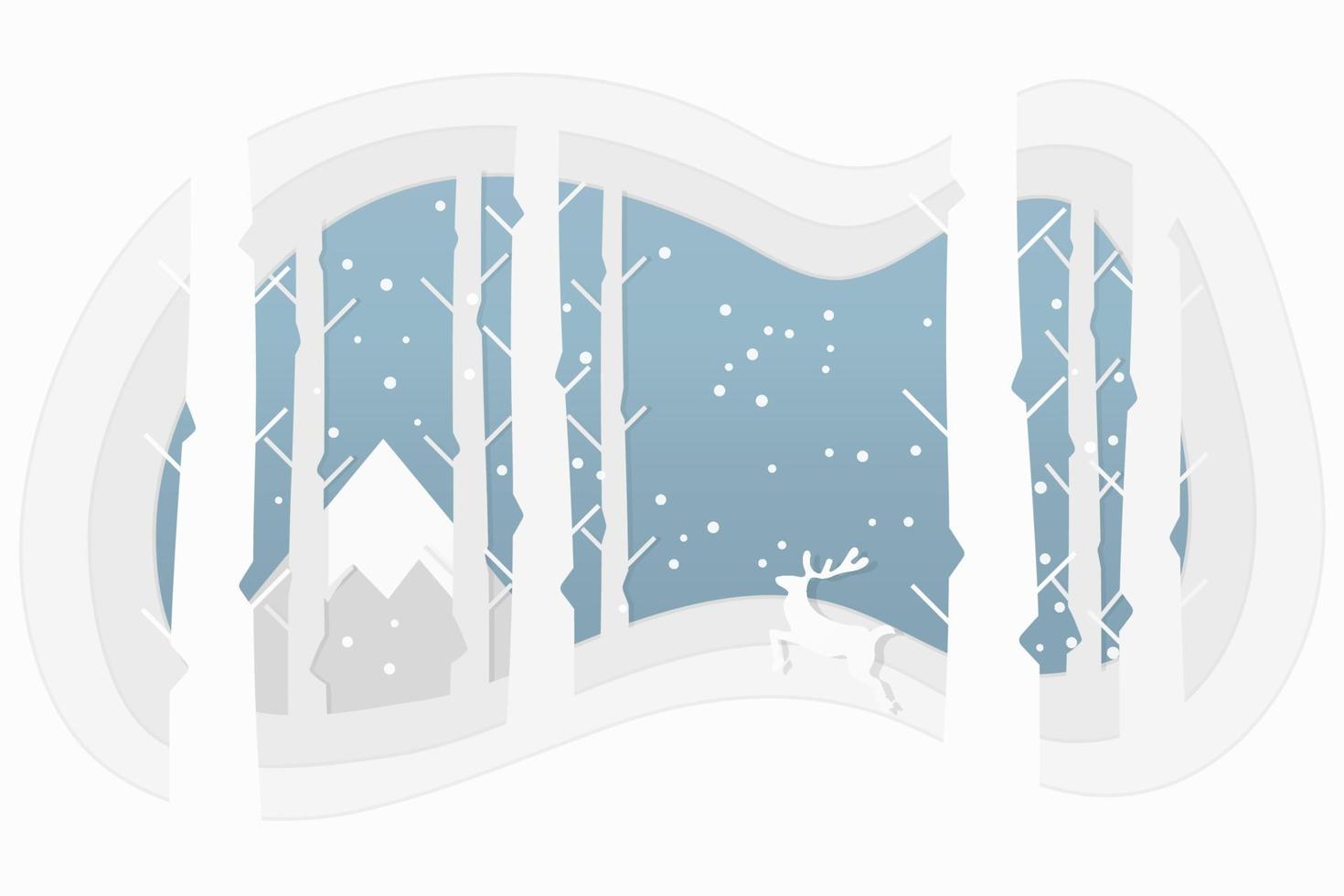 arte de papel simple del paisaje de la temporada de invierno y el concepto de navidad con ciervos corriendo en el fondo del bosque. vector