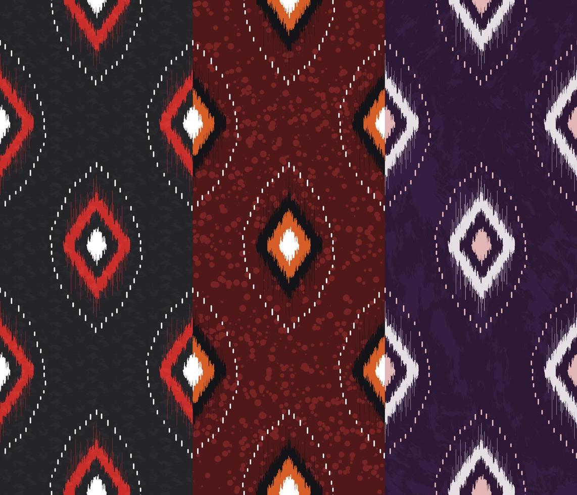 Vertical set collection of three ikat geometric shape seamless pattern with various texture background. vector