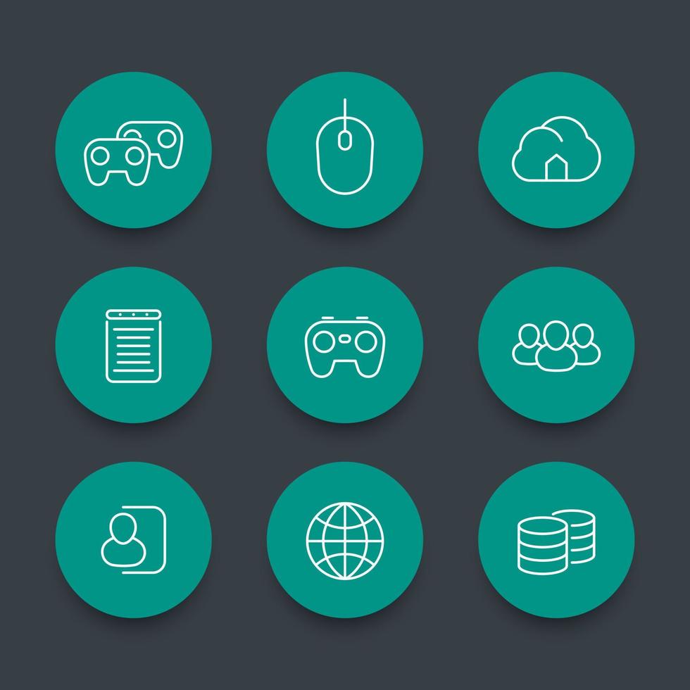videogames line icons, multiplayer, console gaming, gamepad, pictograms, round green icons, vector illustration